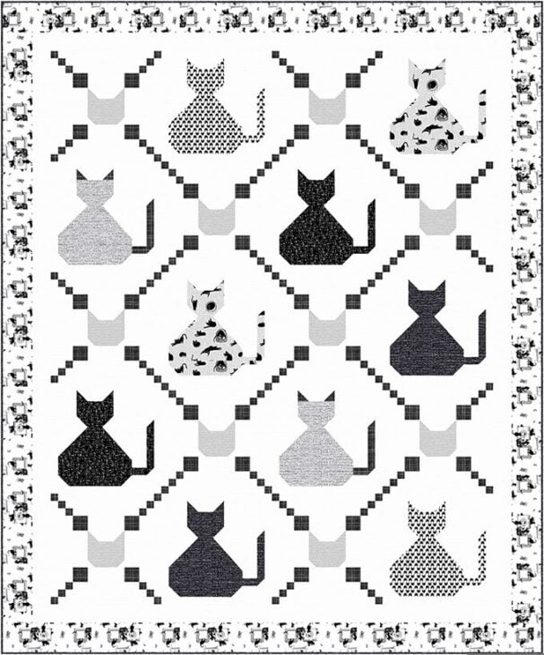 A black and white cat quilt featuring a repeating pattern of stylized cat silhouettes, each with different textures or prints, arranged in a grid with geometric lines and a decorative border.