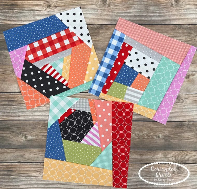 25 Must Sew Scrappy Strip Quilt Patterns 17 Three colorful patchwork quilt blocks, perfect for scrappy strip quilt patterns, display polka dots, gingham, and stripes on a wooden surface. Each features bright, contrasting fabrics. "Coriander Quilts by Corey Yoder" is in the lower right corner.