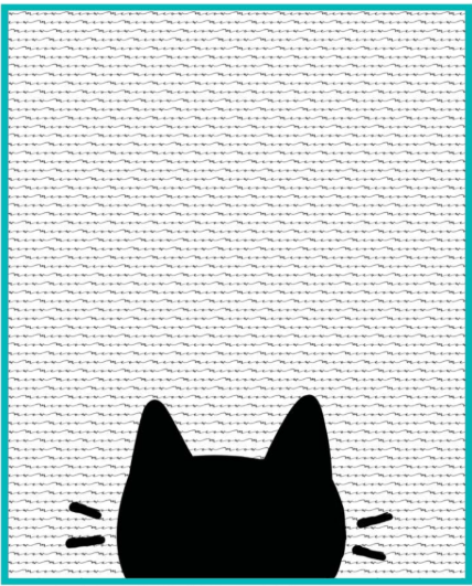 A minimalistic illustration shows the top of a black cat&rsquo;s head with whiskers, peeking up from the bottom of a white background with faint quilt-like lines, all framed by a blue border&mdash;a cozy nod to a cat quilt design.