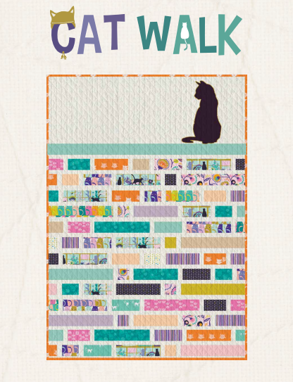 A colorful cat quilt with patterned rectangular patches sits beneath the silhouette of a black cat. Above, &ldquo;CAT WALK&rdquo; is written in bold, playful letters, featuring cat-themed cutouts in the text.