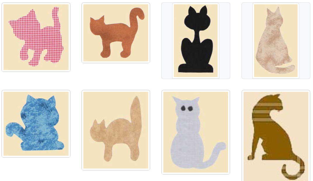 Seven cat silhouettes in various colors and patterns, inspired by a cozy cat quilt, are arranged in a grid on a light background, featuring pink gingham, brown, black, beige, blue, tan, gray, and brown-striped designs.