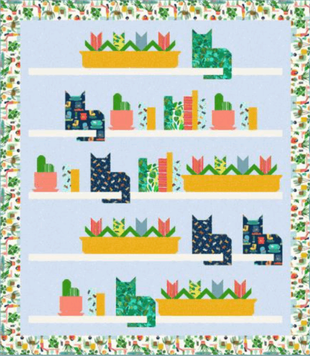 Illustration of five shelves with patterned cat silhouettes, potted plants, and colorful books. The image features a decorative, multicolored border with floral and botanical designs, evoking the cozy charm of a cat quilt.