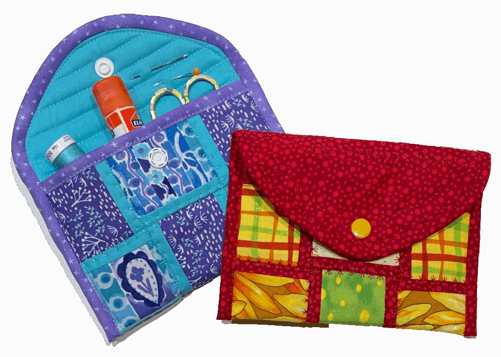 Two colorful quilted fabric pouches: one purple with tools like scissors and glue in its pockets, and one red and yellow with a button closure, both showcasing patchwork designs inspired by fabric weaving.