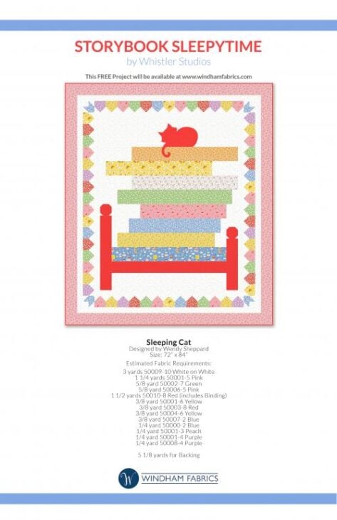A vibrant cat quilt with patterned borders features a red cat sleeping on stacked rainbow quilts and a red bed frame. Below, text details fabric requirements and project info from Windham Fabrics.