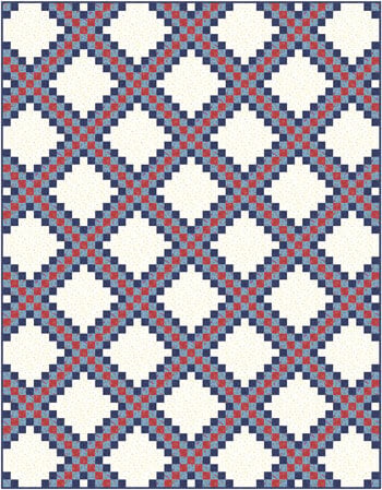 25 Must Sew Scrappy Strip Quilt Patterns 20 Geometric quilt pattern featuring interlocking diamond shapes with a checkerboard design in blue, red, and white, inspired by scrappy strip quilt patterns to create a repeating lattice across the entire image.