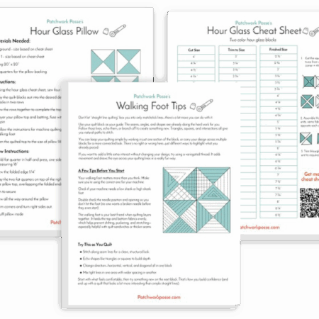 Three instructional quilt-making sheets from the Moving the Needle Summit, including Patchwork Posse's Hour Glass Pillow guide, an Hour Glass Cheat Sheet with measurements, and Walking Foot Tips—all featuring blue-and-white quilt block illustrations.