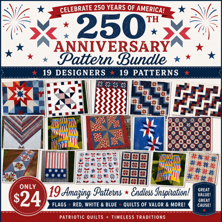 250th Anniversary Pattern Bundle - Limited Time 1 Colorful promotional graphic for a 250th Anniversary Pattern Bundle featuring patriotic quilt designs in red, white, and blue. Showcases photos of 19 designers’ patterns—get all 19 for just $24 in this special Pattern Bundle!.