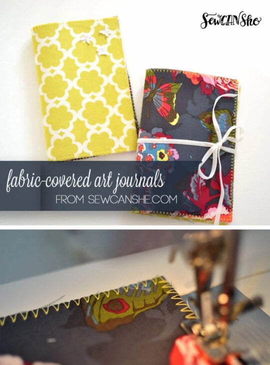 Two fabric-covered journals&mdash;one yellow with a white pattern, the other dark with bright floral prints and a white ribbon&mdash;are displayed. Below, a sewing machine stitches the edge of the crumb quilt-inspired floral fabric cover.
