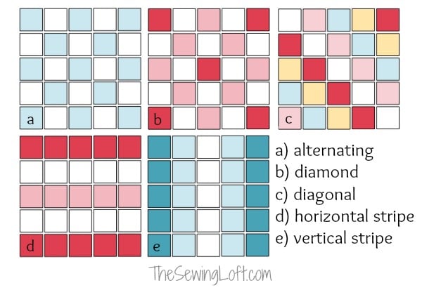 25 Baby Quilt Patterns So Cute You’ll Want to Start Sewing Today 21 Six grids showing different colored square patterns labeled a to e, illustrating baby quilt layouts: alternating, diamond, diagonal, horizontal stripe, and vertical stripe. Each uses red, pink, blue, gold, and white squares.