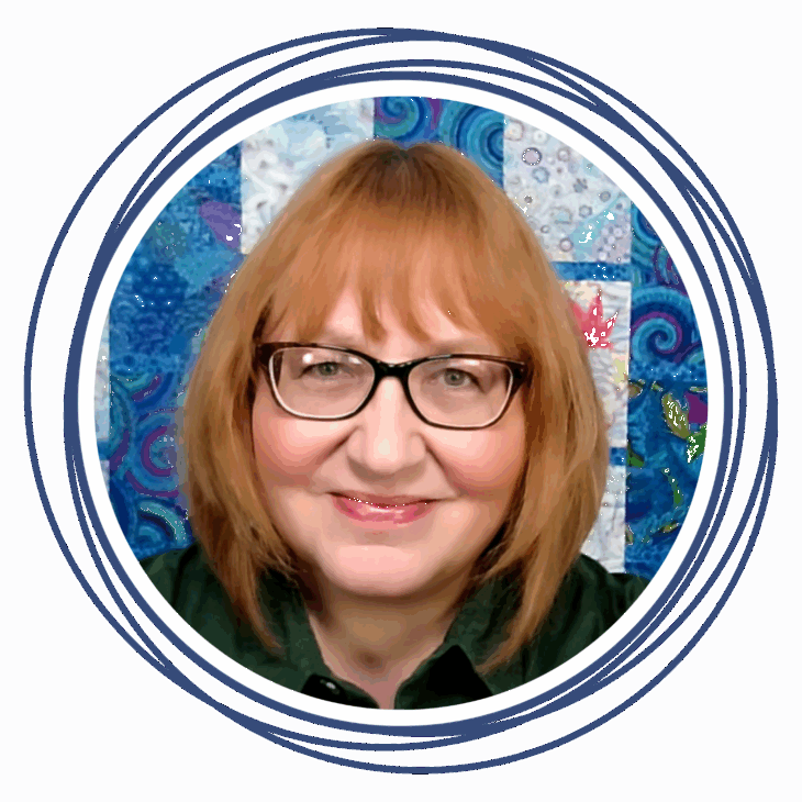 A woman with straight, shoulder-length light brown hair and glasses smiles at the camera; she is in front of a colorful, quilted fabric background and framed by circular blue lines&mdash;ready to move the needle at the quilting summit.
