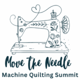 Line drawing of a vintage sewing machine with floral decorations and a heart-shaped thread, featuring the text "Move the Needle" and "Machine Quilting Summit"—the perfect inspiration for machine quilting enthusiasts.