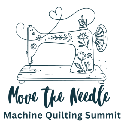 Line drawing of a vintage sewing machine with floral decorations and a heart-shaped thread, featuring the text "Move the Needle" and "Machine Quilting Summit"&mdash;the perfect inspiration for machine quilting enthusiasts.