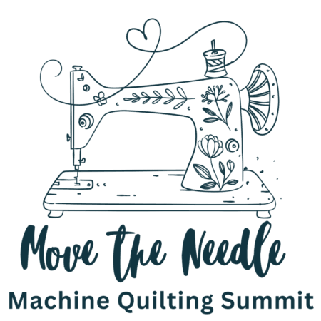 Line drawing of a vintage sewing machine with floral decorations and a heart-shaped thread, featuring the text "Move the Needle" and "Machine Quilting Summit"—the perfect inspiration for machine quilting enthusiasts.