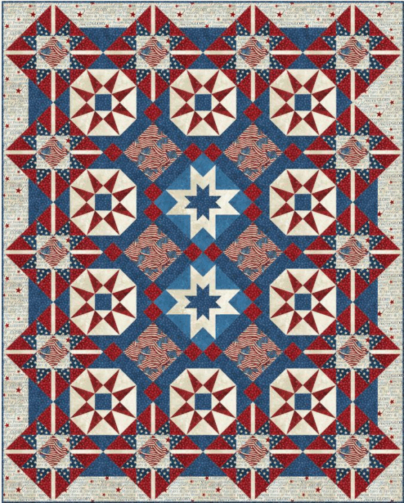 250th Anniversary Pattern Bundle - Limited Time 6 A quilt featuring red, white, and blue geometric star patterns, American flag motifs, and patriotic designs arranged in a symmetrical layout—a perfect Anniversary Pattern to celebrate the 250th Anniversary. The border has small red stars on white.