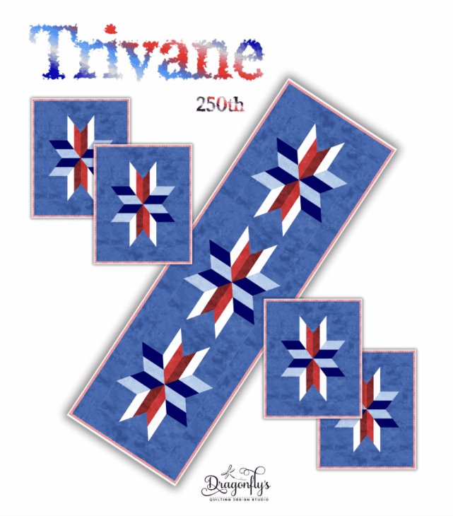 250th Anniversary Pattern Bundle - Limited Time 7 A digital image shows a blue quilted table runner with three eight-pointed stars and four matching placemats, each with a single star. "Trivane" and "250th Anniversary Pattern Bundle" appear at the top.