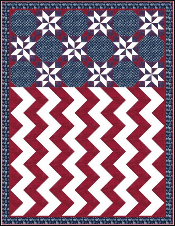 250th Anniversary Pattern Bundle - Limited Time 9 A quilt featuring blue and white star patterns on the top half and red and white zigzag stripes on the bottom, bordered by a blue and white patterned frame. Perfect for celebrating the 250th Anniversary or as part of a patriotic pattern bundle.