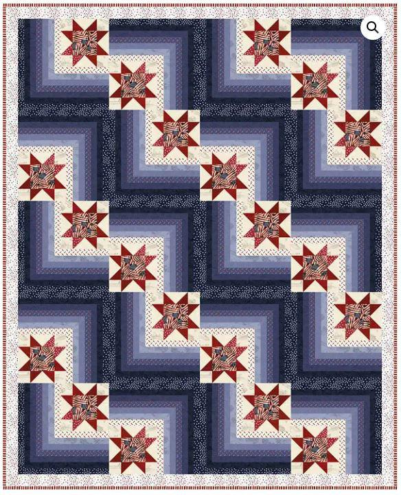 250th Anniversary Pattern Bundle - Limited Time 11 A quilt featuring alternating red and white star patterns and blue log cabin blocks, arranged diagonally for a striking, geometric, and patriotic design. Perfect for the 250th Anniversary, it has a thin red border with a patterned edge.