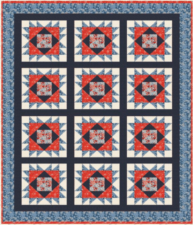 250th Anniversary Pattern Bundle - Limited Time 14 A quilt with a grid of 12 blocks, each featuring red, white, and blue star patterns. Celebrate with this 250th Anniversary Pattern, bordered by a dark blue inner frame and a floral blue outer border for a truly patriotic theme.