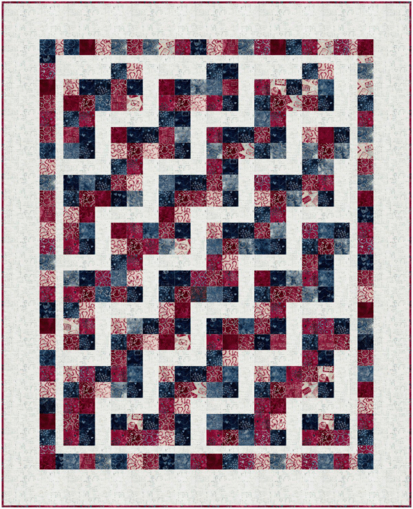 250th Anniversary Pattern Bundle - Limited Time 21 A quilt from the Pattern Bundle features interlocking rectangles in red, white, and blue, bordered by white and a thin red edge. Its modern, maze-like design is perfect for celebrating the 250th Anniversary in style.