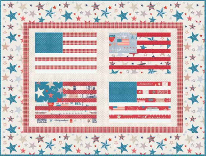A quilt featuring four stylized American Flags made of red, white, and blue patchwork patterns, surrounded by a border of stars in various shades of blue and red on a white background.