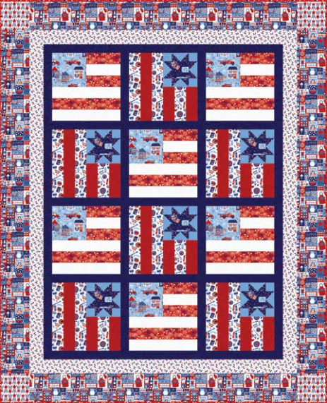 A colorful quilt featuring red, white, and blue patriotic patterns. The design resembles the American Flag and stars, with borders of small house and star motifs, creating a festive, Americana-inspired look.