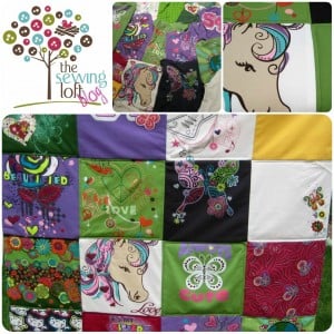 25 Baby Quilt Patterns So Cute You’ll Want to Start Sewing Today 22 A colorful baby quilt made from various T-shirts, featuring designs like unicorns, butterflies, hearts, and flowers. The collage includes close-ups and “The Sewing Loft Blog” logo in the corner.