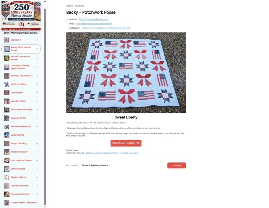 250th Anniversary Pattern Bundle - Limited Time 23 A patriotic-themed quilt with star, heart, and flag patterns in red, white, and blue is displayed on the ground. This 250th Anniversary pattern bundle is part of a sewing challenge website featuring participant details on the left.