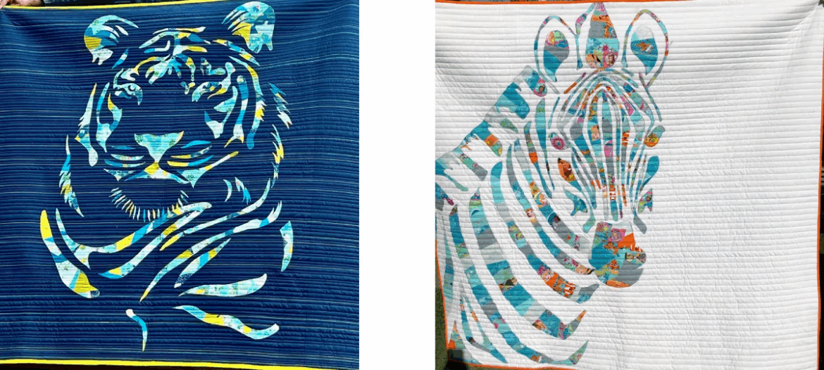 Two quilts: one on the left with a stylized tiger face in blue, yellow, and white on dark blue; one on the right with a stylized zebra face in turquoise, orange, and white&mdash;a creative example of fabric collage quilt patterns.