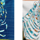 Two quilts: one on the left with a stylized tiger face in blue, yellow, and white on dark blue; one on the right with a stylized zebra face in turquoise, orange, and white—a creative example of fabric collage quilt patterns.
