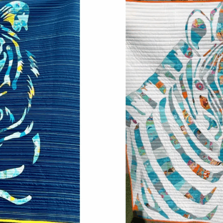 Two quilts: one on the left with a stylized tiger face in blue, yellow, and white on dark blue; one on the right with a stylized zebra face in turquoise, orange, and white—a creative example of fabric collage quilt patterns.