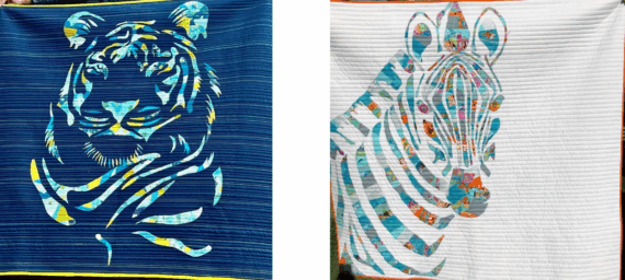 Two quilts: one on the left with a stylized tiger face in blue, yellow, and white on dark blue; one on the right with a stylized zebra face in turquoise, orange, and white&mdash;a creative example of fabric collage quilt patterns.