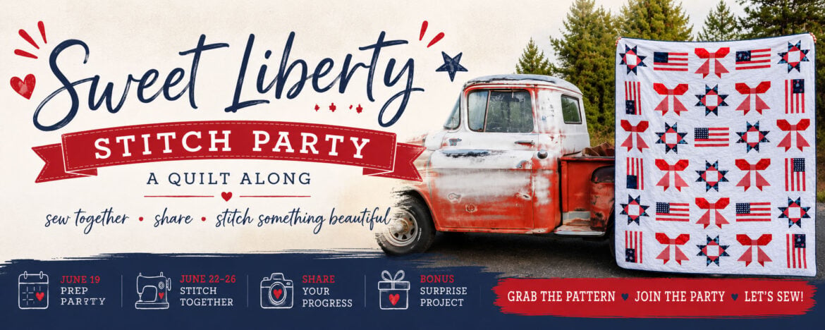 Sweet Liberty Quilt Along 1 A vintage red pickup truck is parked outdoors next to a patriotic-themed quilt in red, white, and blue. Join the Sweet Liberty Quilt Along at the "Sweet Liberty Stitch Party"—see below for details on how to participate!.