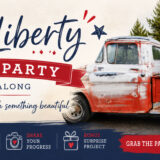 A vintage red pickup truck is parked outdoors next to a patriotic-themed quilt in red, white, and blue. Join the Sweet Liberty Quilt Along at the "Sweet Liberty Stitch Party"—see below for details on how to participate!.