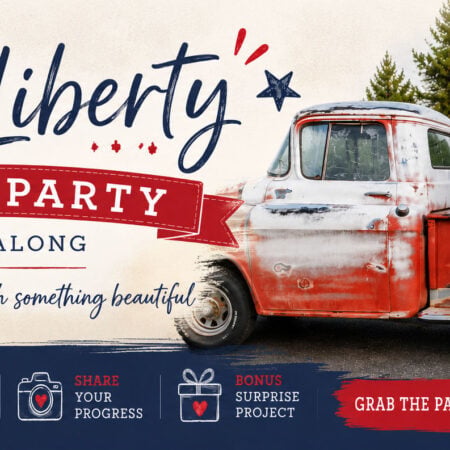 A vintage red pickup truck is parked outdoors next to a patriotic-themed quilt in red, white, and blue. Join the Sweet Liberty Quilt Along at the "Sweet Liberty Stitch Party"—see below for details on how to participate!.
