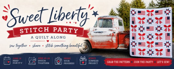 A vintage red pickup truck is parked outdoors next to a patriotic-themed quilt in red, white, and blue. Join the Sweet Liberty Quilt Along at the "Sweet Liberty Stitch Party"&mdash;see below for details on how to participate!.