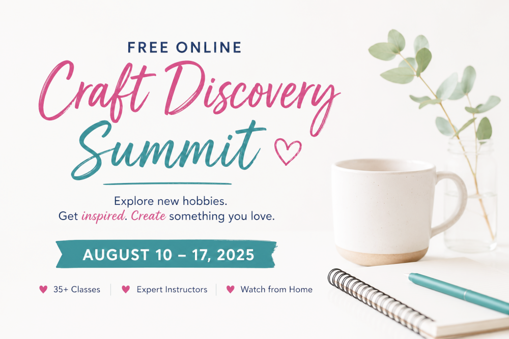 Free Online Creative Summit for Exploring New Hobbies 1 A promotional graphic for the Free Creative Summit, also known as the online Craft Discovery Summit, held from August 10–17, 2025. The image features event details alongside a notebook, pen, mug, and plant on a white desk—perfect for those interested in exploring new hobbies.