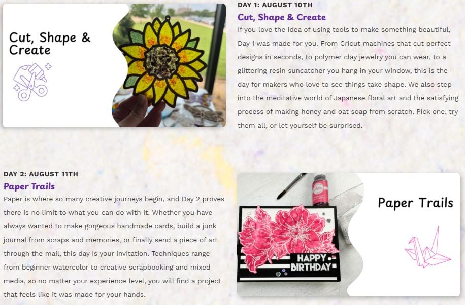 Free Online Creative Summit for Exploring New Hobbies 5 Day 1: Mosaic flower art with "Cut, Shape & Create" text—just one of the inspiring activities you’ll find at our Online Creative Summit. Day 2: Pink paper flowers on a "Happy Birthday" card, featuring "Paper Trails" text, perfect for anyone seeking New Hobbies. Craft event details are displayed beside the images.