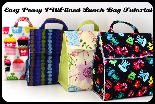 Easy and Cute Lunch Bag Sewing Patterns You'll Want to Make and Use 16 Four colorful lunch bags with different patterns—cupcakes, stripes, flowers, and cartoon monsters—stand side by side. The text above reads, "Easy Peasy PUL-lined Lunch Bag Tutorial." Discover how to make your own cute lunch bags with these easy sewing patterns—a perfect project for beginners seeking fun and practical lunch bag sewing patterns.