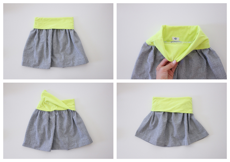 15 Easy Elastic Waist Skirt Patterns You Can Sew Today (All Free) 7 Four photos show a gray and white striped skirt with a bright yellow waistband, displayed flat and from different angles, including one image with a hand holding the waistband to reveal an inner tag. This design is perfect for those seeking easy skirt sewing projects or looking for inspiration from free skirt patterns, featuring an elastic waist that ensures both comfort and style.