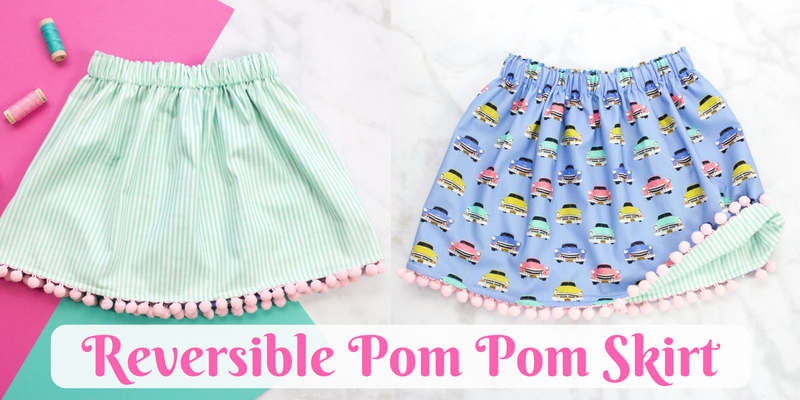 15 Easy Elastic Waist Skirt Patterns You Can Sew Today (All Free) 12 Two children’s skirts are shown: one side is green with white stripes and pink pom poms, the other is blue with colorful cars and pom poms. Spools of thread and the text “Reversible Pom Pom Skirt” are visible, making these playful designs perfect if you want to sew skirt pieces using elastic waist skirt patterns or explore free skirt patterns for kids.