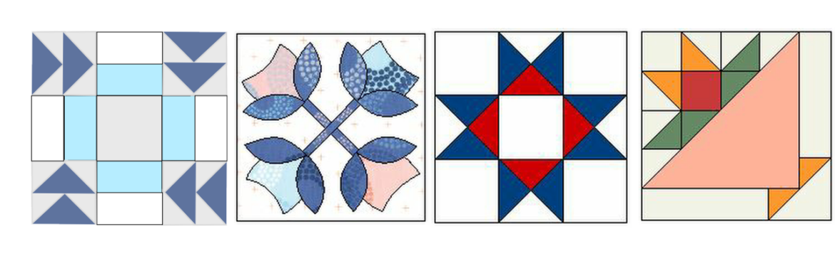 Seasonal Ribbon Banner – A Fun Way to Celebrate Every Season 2 Four colorful quilt block patterns in a row: a geometric blue design, an appliqué with blue and pink petals, a red and blue star, and an abstract pattern with orange, green, and peach shapes. Perfect as seasonal decor or as part of a Seasonal Ribbon Banner to celebrate every season with vibrant style.