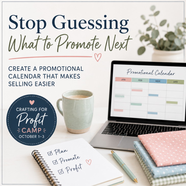 Crafting For Profit 1 Image shows a workspace with a laptop displaying a calendar, a mug, a plant, a notepad, a pen, and text promoting a “Crafting for Profit Camp” about creating a promotional calendar for selling profitable crafts.