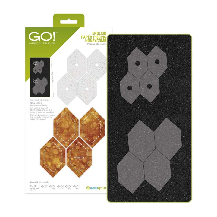 English Paper Piecing Honeycomb-1" Finished Sides Die AccuQuilt 2 Packaging and product of the AccuQuilt GO! English Paper Piecing Honeycomb Die set, featuring hexagon-shaped cutting dies neatly arranged on a black tray and sample fabric shapes displayed on the box.