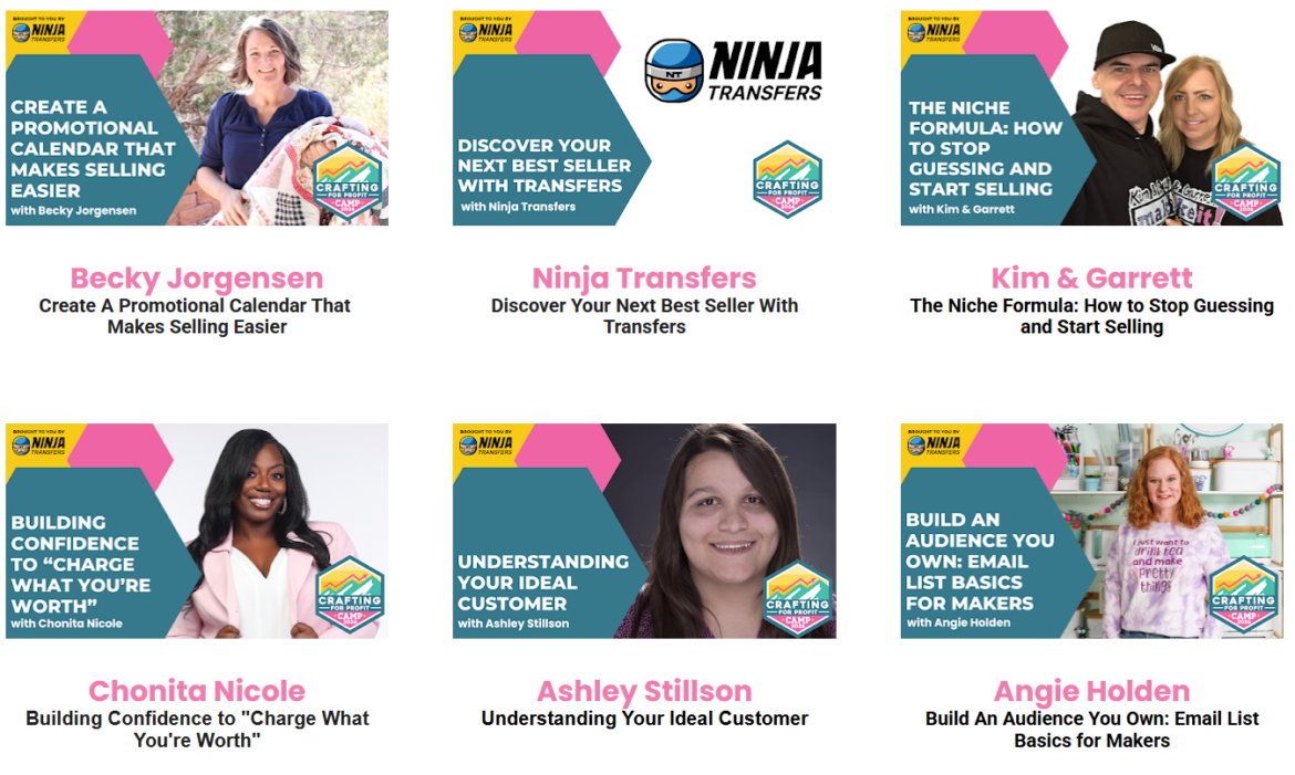 Crafting For Profit 3 A collage of six promotional banners, each featuring a speaker, topic title, and colorful backgrounds, highlights business and marketing workshops focused on the crafting business and crafting for profit by Becky Jorgensen, Ninja Transfers, Kim & Garrett, Chonita Nicole, Ashley Stillson, and Angie Holden.
