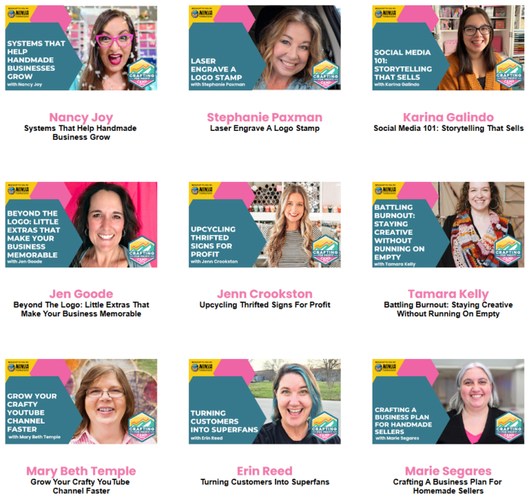 Crafting For Profit 4 A 3x3 grid of women speakers for “Crafty Marketing LIVE.” Each has a smiling portrait with their name and topic, such as sales tips, upcycling, branding, storytelling, superfan strategies, and business planning—all designed to help you grow your craft business and make money crafting.