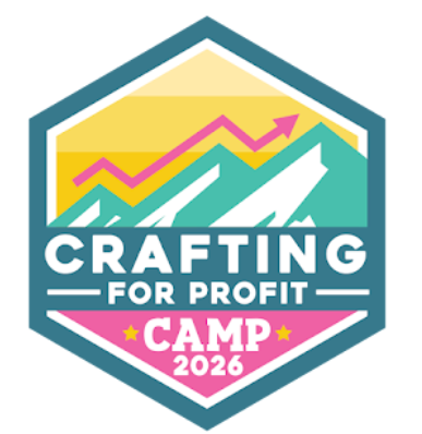 Hexagonal badge logo with colorful mountains, a pink upward arrow, and the text “Crafting for Profit Camp 2026” in white and pink letters.