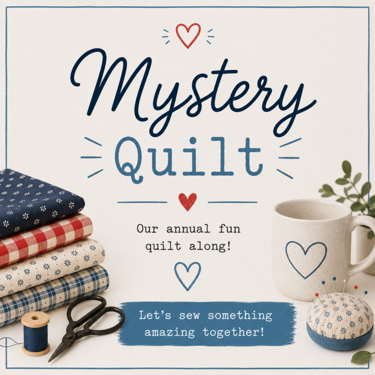 Switchback Mystery Quilt Along – Get Ready to Sew! 1 Stack of patterned fabric, thread, scissors, a mug with a heart, and a pincushion. Text: “Mystery Quilt. Join our annual Switchback Mystery Quilt Along! Let’s sew something amazing together!” Decorated with heart illustrations.