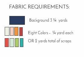 Switchback Mystery Quilt Along – Get Ready to Sew! 2 Fabric requirements chart for the Switchback Mystery Quilt: 3 1/4 yards navy for background, eight assorted colors at 1/4 yard each, or 2 yards total of scrap fabric to sew along with this exciting Quilt Along project.