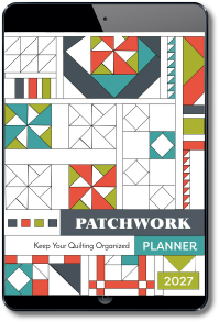 A digital tablet displaying the cover of a 2027 Patchwork Planner, decorated with geometric quilt patterns in red, green, teal, and gray.