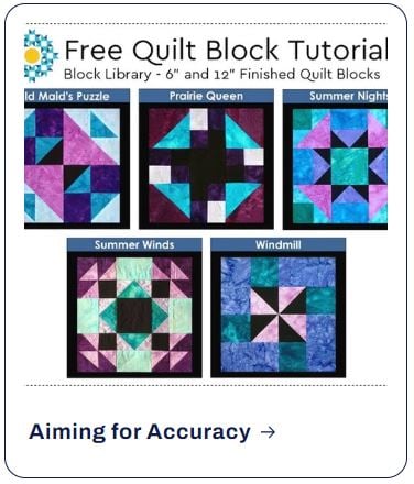 A tutorial for quilt block patterns showing five different designs with their names and a link to Aiming for Accuracy.